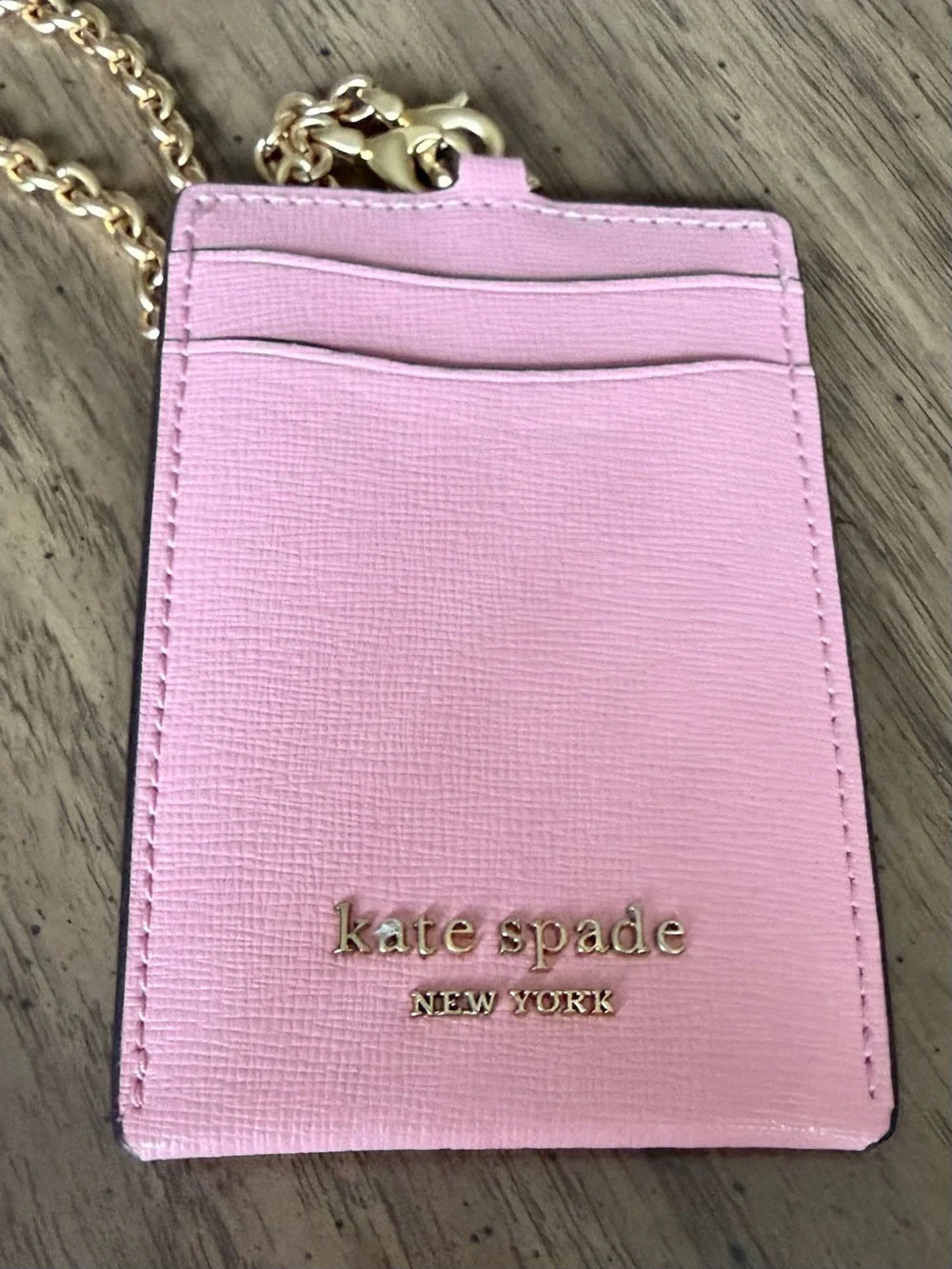 kate spade Pink Leather Card & Key Holder with Gold Chain lanyard EUC